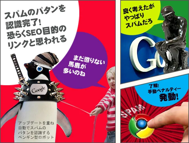 漫画で説明：アップデートを重ね自動でスパムのパタンを認識するペンギン型ロボット「スパムのパタンを認識完了！恐らくＳＥＯ目的のリンクと思われる」謎の女の子「まだ懲りない馬鹿が多いのね」良く考えるロダン「良く考えたがやっぱりスパムだろ」Google中の人「了解！手動ペナルティー発動！」